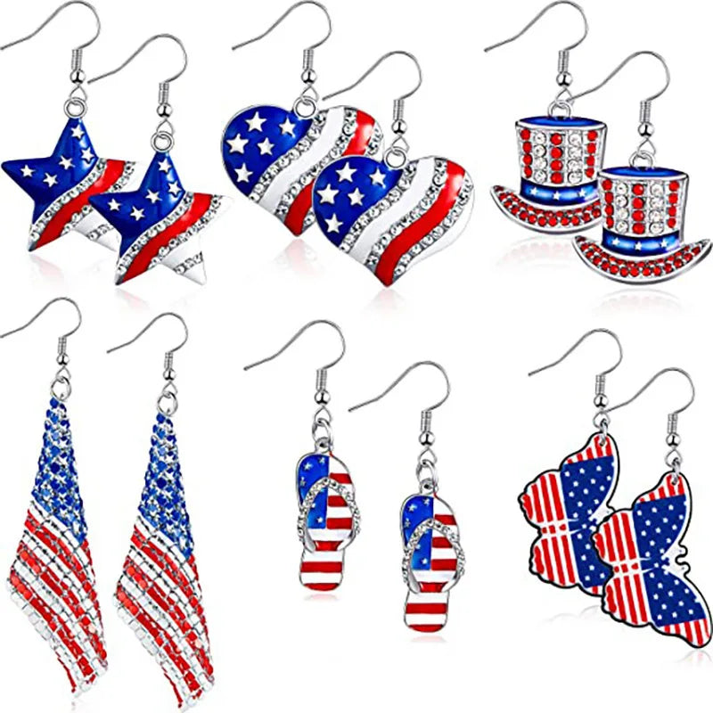 American Flag Drop Earrings - USA Patriotic Red White Blue 4th of July Jewelry Accessories for Women