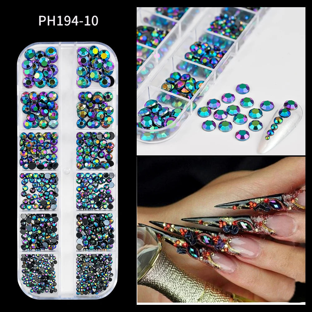 12-Grid Mixed Nail Rhinestones SS6-SS30 – Shiny Flat-Back Gems in Clear, Gold, Pink & Blue for Nail Art Decoration