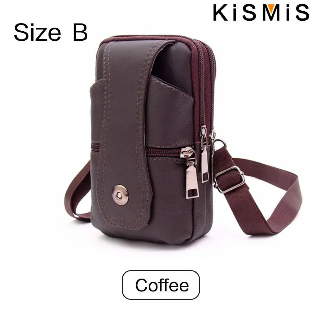 KISMIS Men’s Leather Waist Bag – Multifunction Fanny Pack with Large Capacity and Shoulder Strap