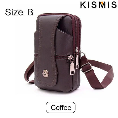 KISMIS Men’s Leather Waist Bag – Multifunction Fanny Pack with Large Capacity and Shoulder Strap