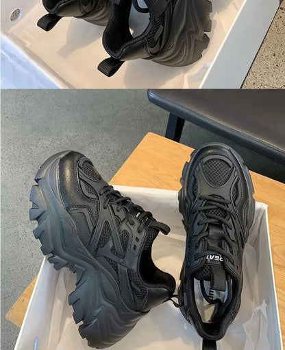 2024 Women's Fashion Platform Sport Shoes - Chunky Black Mesh Leather Casual Sneakers for Summer