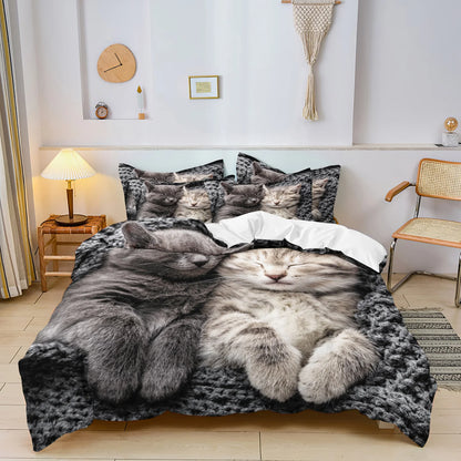 3-Piece Romantic Cat Print Duvet Cover Set - Soft Valentine’s Day Couple Bedding