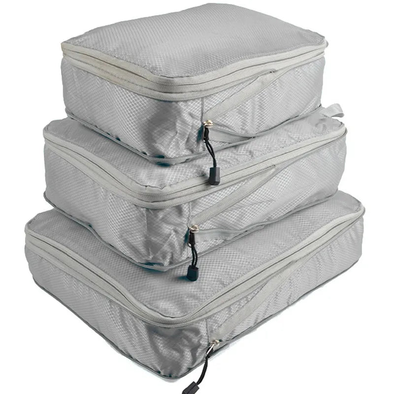 3-Piece Compressible Waterproof Nylon Packing Cubes Set – Portable Travel Storage Bags with Handbag Luggage Organizer