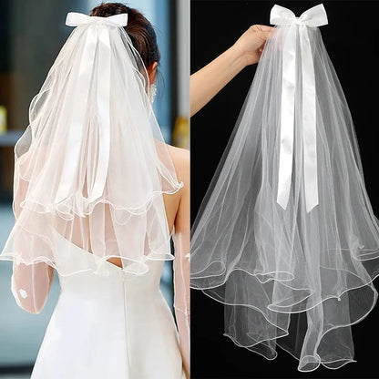 White Tulle Bow Veil Hairpin with Pearls – Elegant Bridal & Bachelorette Hair Clip for Weddings, Parties, and Gifts