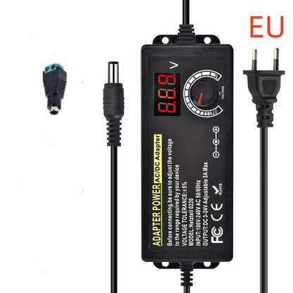 Adjustable AC to DC Power Supply - 3V–24V 3A Universal Laboratory Adapter with EU/US Plug and Alligator Clip