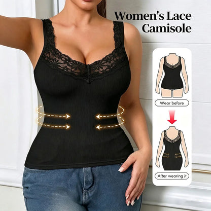 Women's Lace Neckline Seamless Tank Top - Slim Fit Ribbed Knit Sleeveless Camisole for Summer Streetwear
