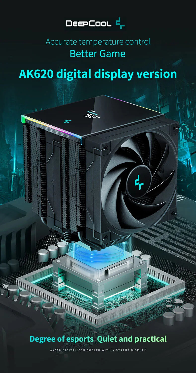 DeepCool AK620 CPU Cooler - Digital Display, 6 Heat Pipes, Twin Towers Radiator for LGA 2066, 2011, 1700, 1200, 115X, AM5 & AM4