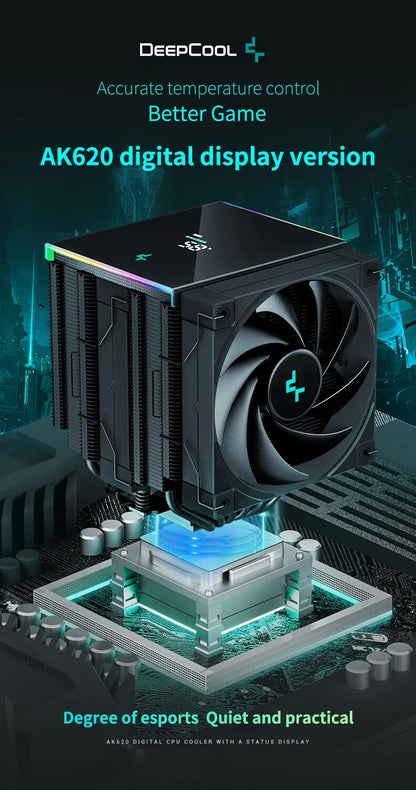 DeepCool AK620 CPU Cooler - Digital Display, 6 Heat Pipes, Twin Towers Radiator for LGA 2066, 2011, 1700, 1200, 115X, AM5 & AM4