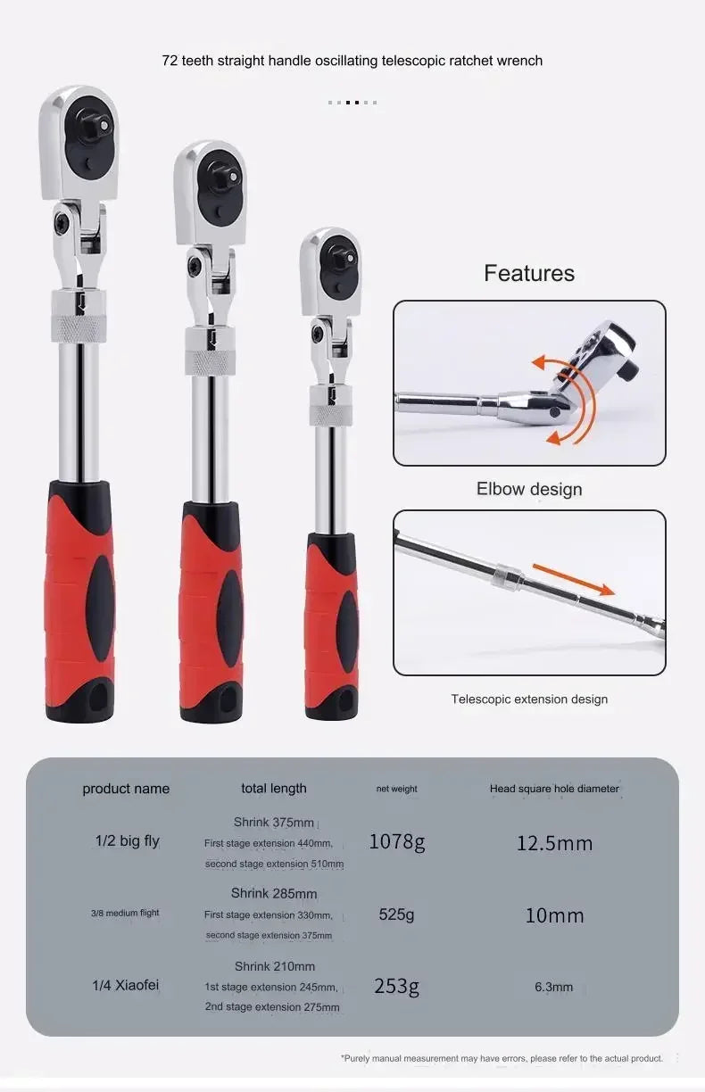 72-Tooth Carbon Steel Retractable Ratchet Wrench — 1/4, 3/8, 1/2 Automatic Quick-Release Multifunctional Hand Tool