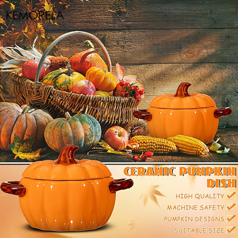 Halloween Pumpkin Ceramic Bowl – Oven-Safe Casserole with Lid & Handles for Thanksgiving