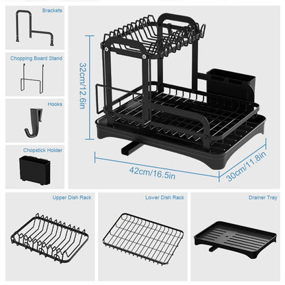 2 Tier Dish Drying Rack with Drain Basket - Kitchen Countertop Dinnerware Organizer | Dish & Bowl Drainer Storage Rack with Drainboard
