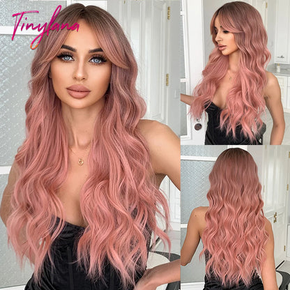 Super Long Curly Wavy Brown Synthetic Wig with Bangs – Heat-Resistant Afro Style for Cosplay, Party, Halloween, White Women