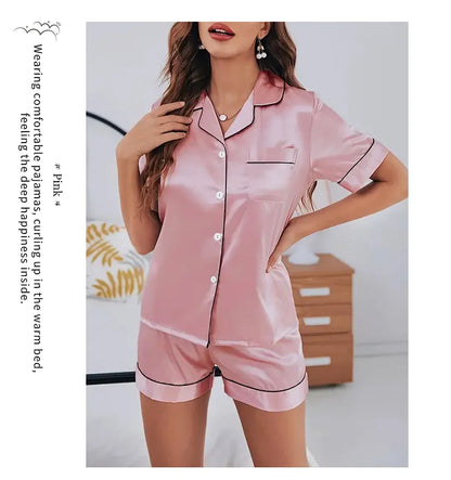 Women's Satin Pajamas Set – Summer Two-Piece Sleepwear with Button-Down Top and Shorts, Comfortable Nightwear Loungewear