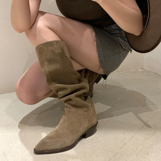 2025 Women's Knee-High Suede Boots – Retro Pointed Toe, Square Heel Slip-On