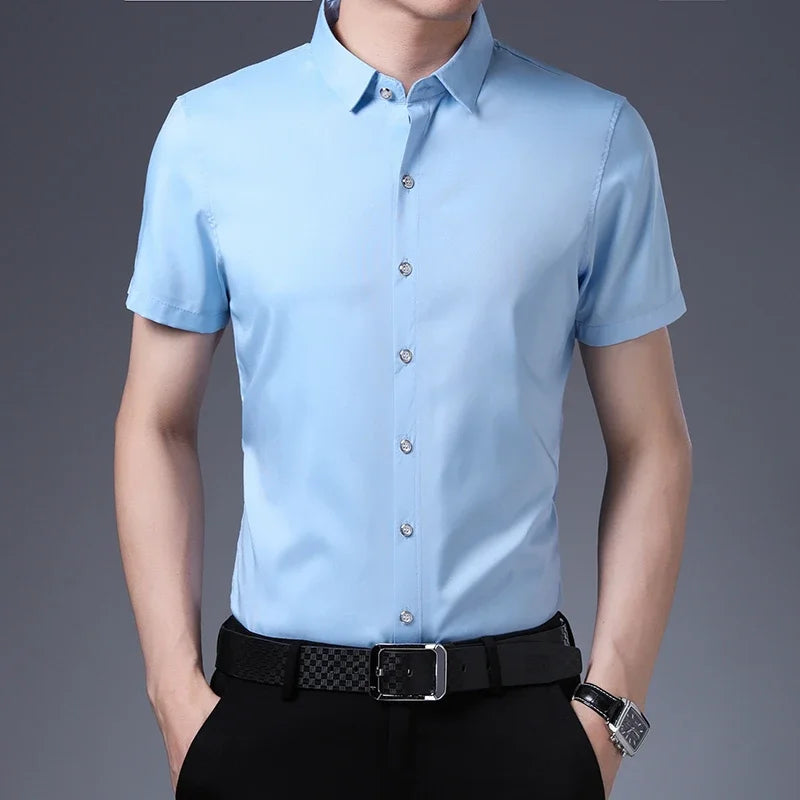 Men's Business Casual Short Sleeve Shirt - Solid Color Non-Iron Comfort Shirt