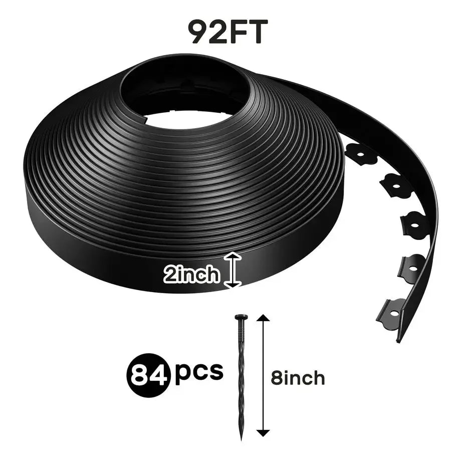 92FT Plastic Garden Edging Kit – 2-Inch No-Dig Lawn Border with 84 Stakes for Yard & Flower Beds