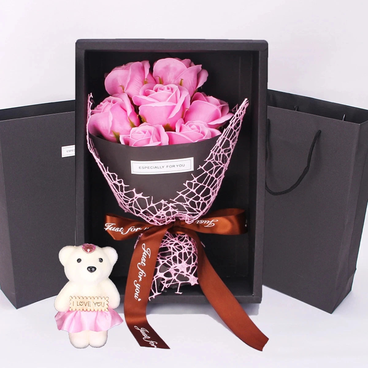 Handmade 7 Rose Soap Bouquet with Little Bear Gift Box – Creative Valentine’s, Mother’s Day & Birthday Flower Gift