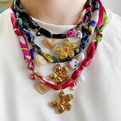 Bohemian Fabric Scarf Necklace - Sea Life, Heart & Floral Charm Pendant Vacation Jewelry Gift for Women