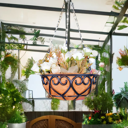 Coconut Brown Round Iron Chain Hanging Basket – European Style Flowerpot for Succulents & Chlorophytum Comosum Plants