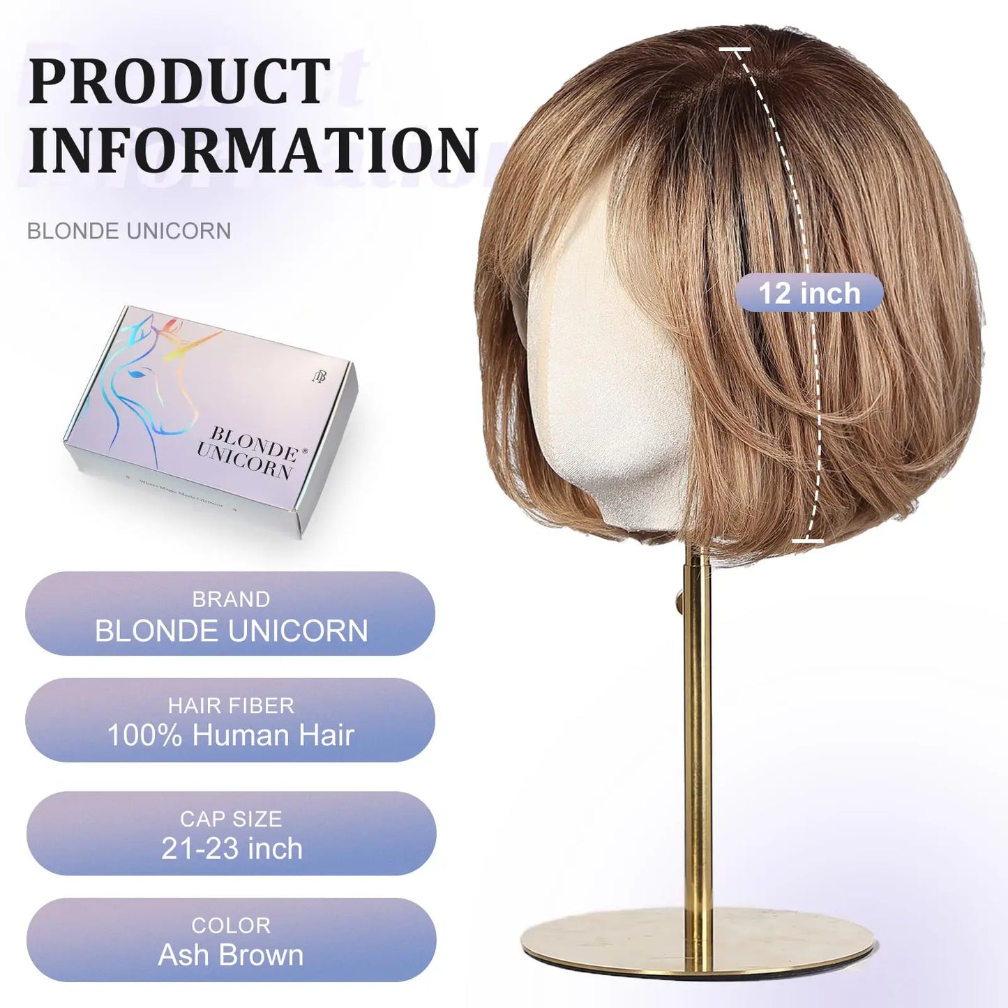 100% Remy Human Hair Transparent Lace Frontal Wig – Short Wavy Ash Brown Ombre Pixie Cut for White Women
