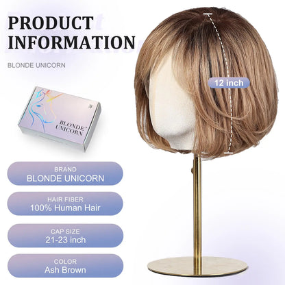 100% Remy Human Hair Transparent Lace Frontal Wig – Short Wavy Ash Brown Ombre Pixie Cut for White Women
