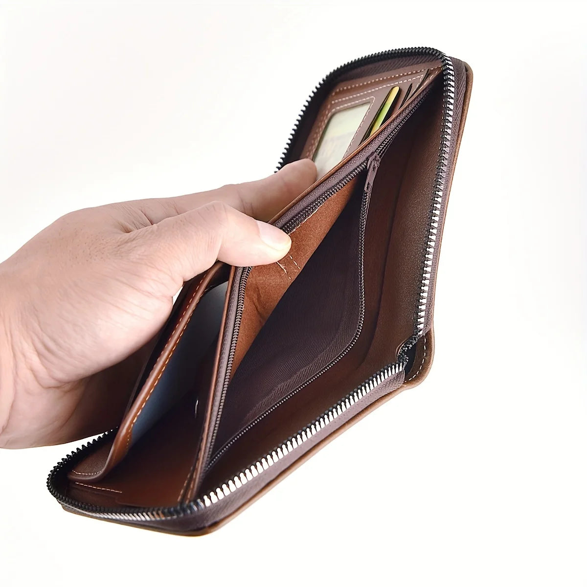 Men's PU Wax Oil Skin Wallet – Short Card Holder & Coin Purse with Zipper Around for Men