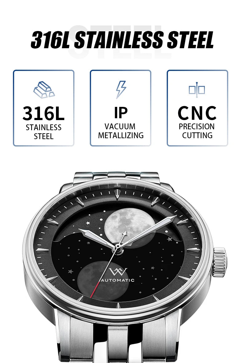 WM Welly Merck Automatic Mechanical Men's Watch — Lunar Moon Phase, Sapphire, Waterproof, Luminous Twin Moons WM142