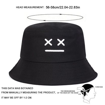 Unisex Smiling Face Embroidered Bucket Hat – Outdoor Casual Fisherman Cap with Sunscreen