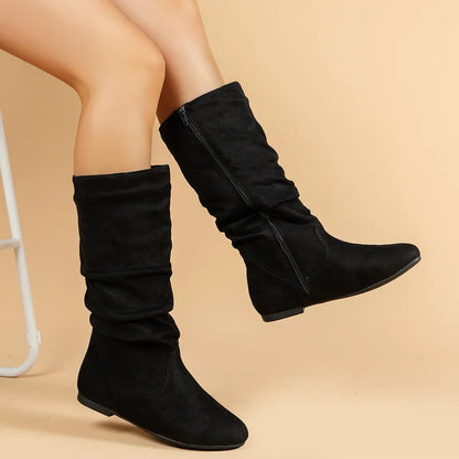 Women’s High-Top Casual Boots – Folded Zipper, Flat Bottom, Alligator Patterned Comfortable Footwear