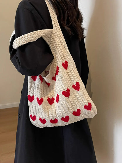Heart Pattern Color-Block Crochet Handbag – Large Capacity Shoulder Beach & Commute Tote Bag, Fashion Versatile Daily Carry Bag