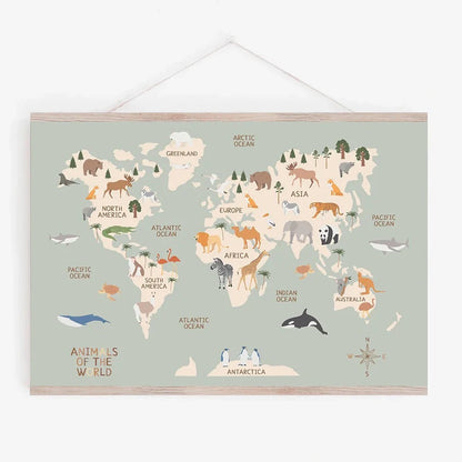 Pastel Animal World Map Canvas Wall Art – Educational Nordic Poster Print for Kids Room Decoration & Nursery Home Decor