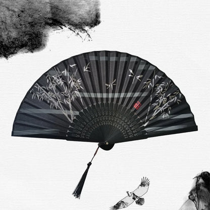 Bamboo Folding Fan with Silk — Chinese & Japanese Style Handheld Fan, Antique Art Craft for Summer Dance, Home Decor & Party