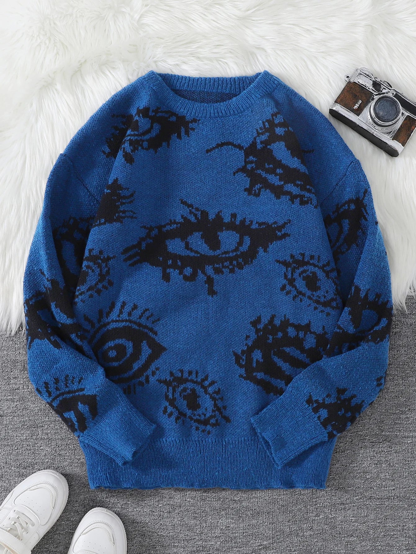 Men's Abstract Eye Jacquard Sweater - Round Neck Knitted Autumn Winter Casual Pullover Top