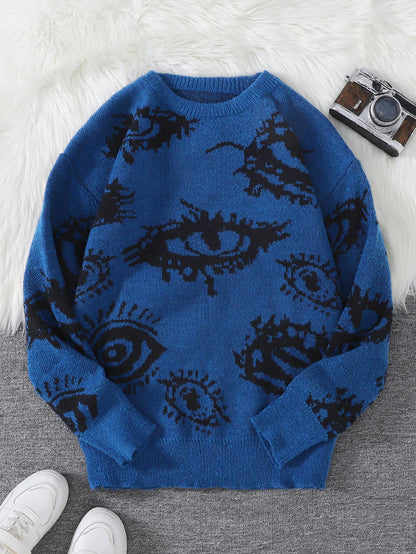 Men's Abstract Eye Jacquard Sweater - Round Neck Knitted Autumn Winter Casual Pullover Top