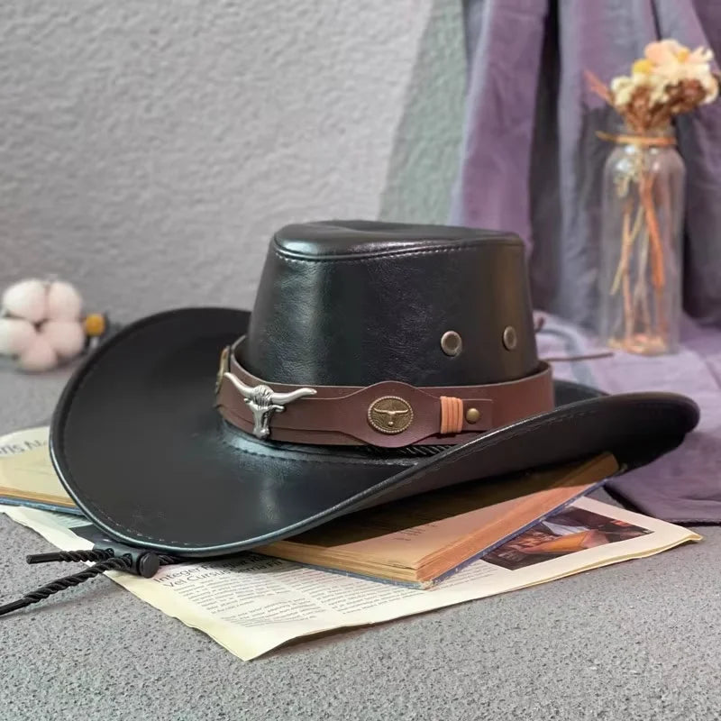 Faux Leather Western Cowboy Hat – Vintage Panama Cowgirl & Gentleman Hat for Women & Men