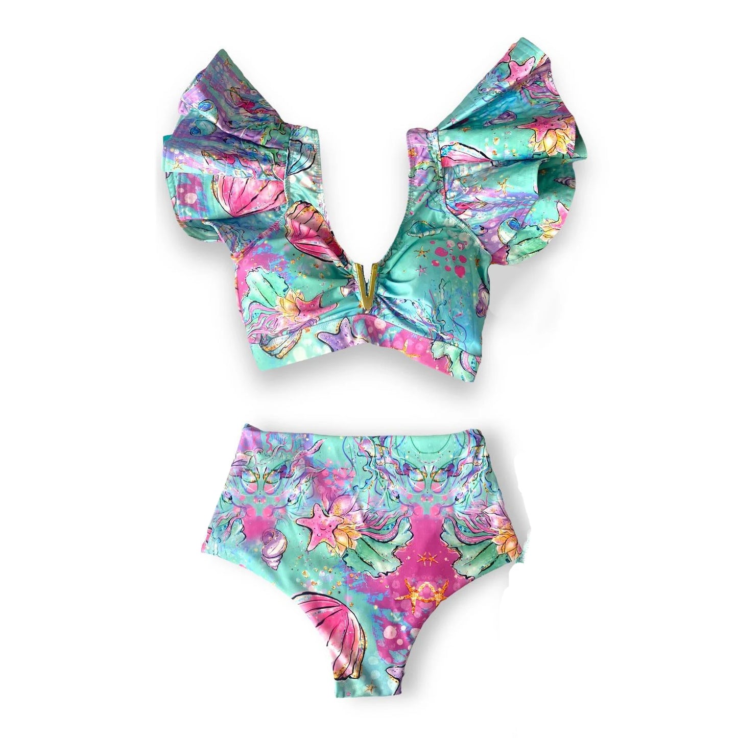 Sporlike V-Neck Ruffled Bikini Set – High Waist Sexy Printed Two-Piece Swimsuit for Women 2025
