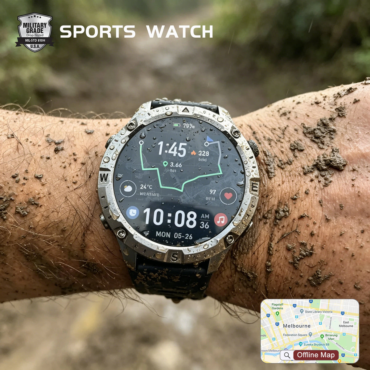 All-Terrain GPS Sports Smartwatch - Offline Maps, Altimeter, Barometer, Compass, 3ATM Waterproof & 730mAh Battery