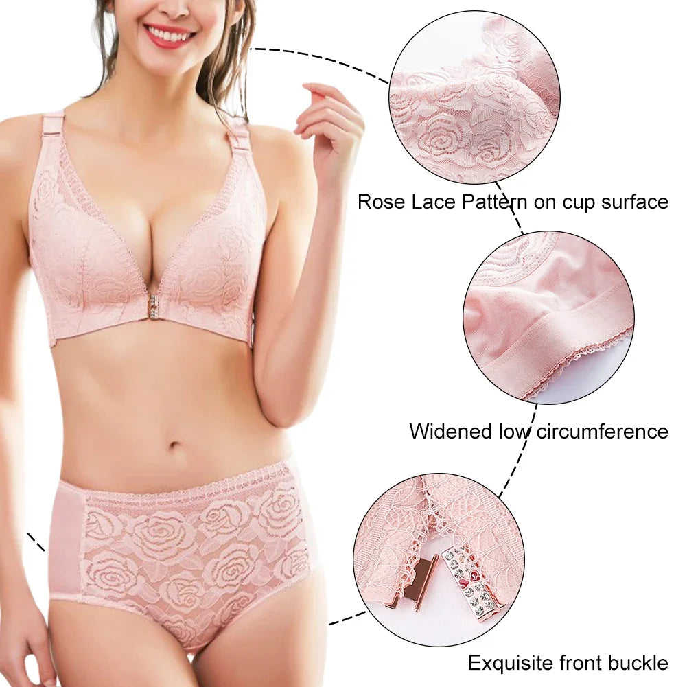 Rose Embroidery Front Closure Wirefree Bra – Front Button Comfort Bra, Push Up Supportive Seamless Underwear Top for Women Plus Size Intimates