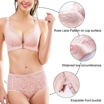 Rose Embroidery Front Closure Wirefree Bra – Front Button Comfort Bra, Push Up Supportive Seamless Underwear Top for Women Plus Size Intimates