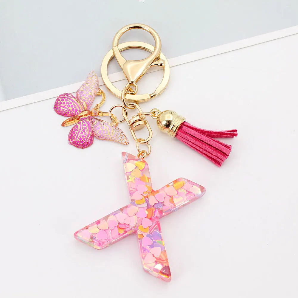 A-Z Letter Acrylic Keychain - Pink Butterfly Tassel Bag Charm & Key Ring