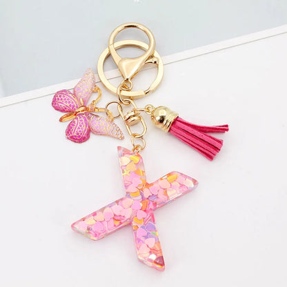A-Z Letter Acrylic Keychain - Pink Butterfly Tassel Bag Charm & Key Ring