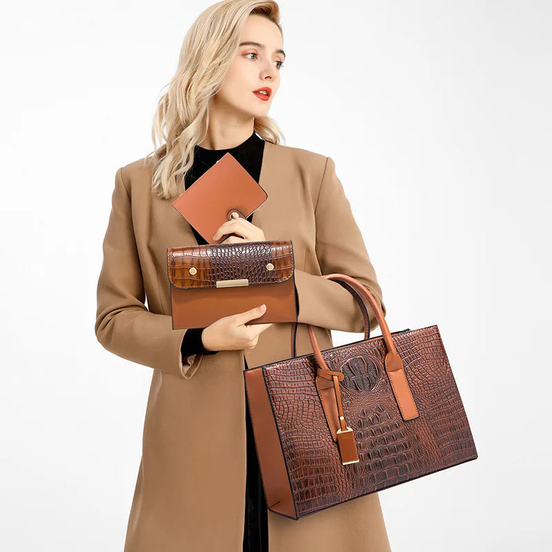 New Crocodile Pattern Handbag Set for Women — 3Pcs Tote, Shoulder Bag & Clutch, Large Capacity Fashion Set