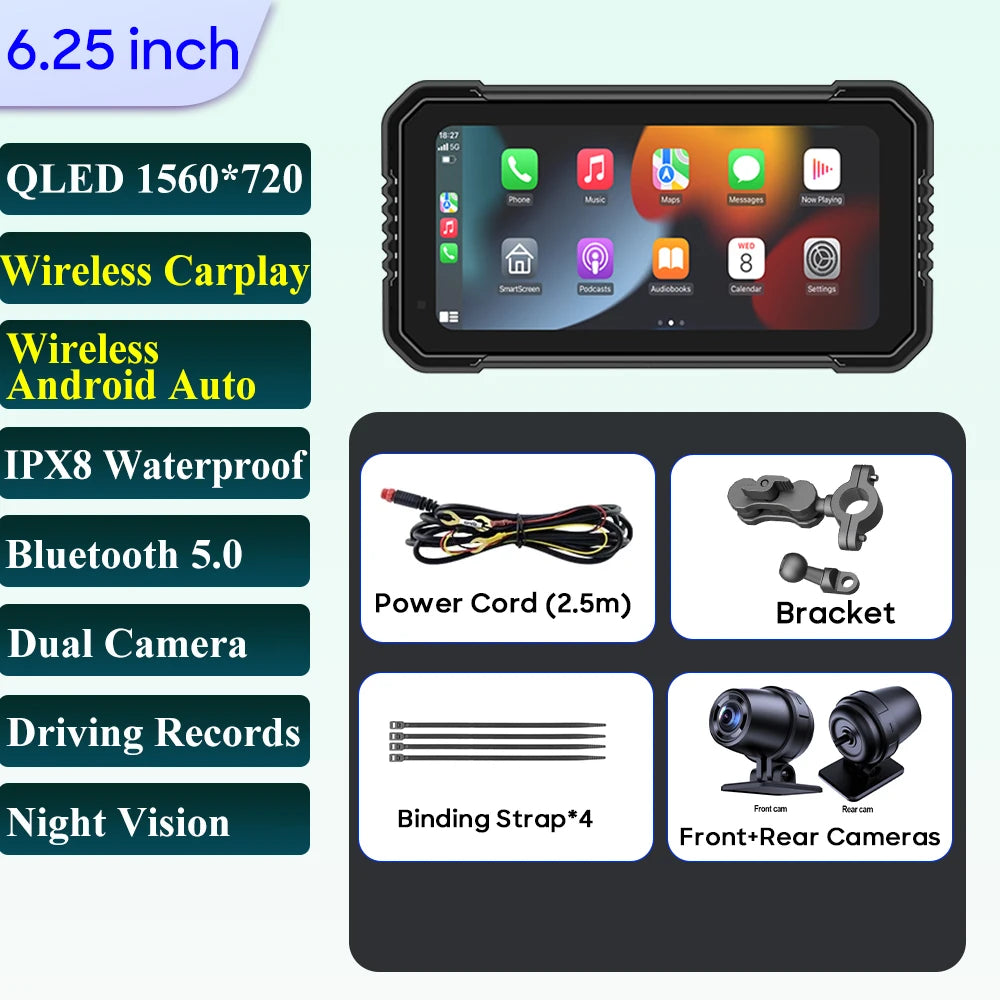 6.25-Inch Motorcycle GPS Navigation Screen with Wireless CarPlay & Android Auto – 1560x720 Resolution, Motor DVR Monitor, TPMS Optional