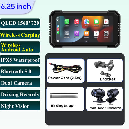 6.25-Inch Motorcycle GPS Navigation Screen with Wireless CarPlay & Android Auto – 1560x720 Resolution, Motor DVR Monitor, TPMS Optional