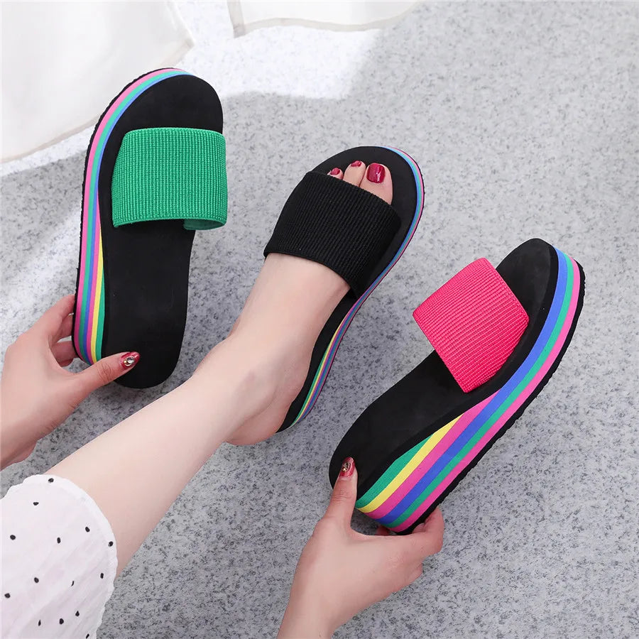 Summer Women’s Rainbow Bohemian Clip Toe Flip Flops – Non-Slip Wedge Beach Sandals