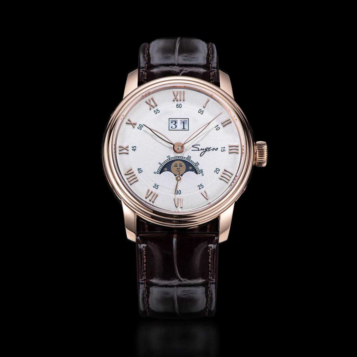 Sugess Moonphase Men’s Automatic Mechanical Watch — 40MM Stainless Steel with Seagull ST2528 Movement and Blue Sandstone Dial