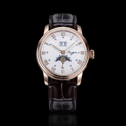 Sugess Moonphase Men’s Automatic Mechanical Watch — 40MM Stainless Steel with Seagull ST2528 Movement and Blue Sandstone Dial