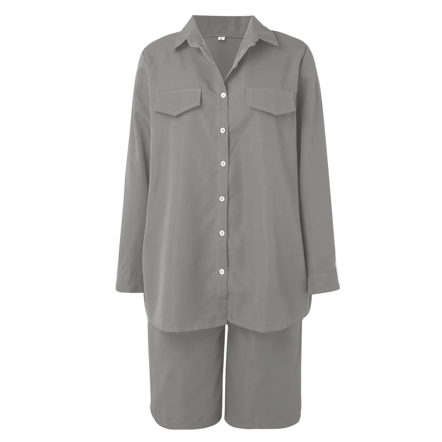 Women’s 2 Piece Summer Outfit Set - Solid Color Cardigan Shirt Top & Casual Shorts Matching Ensemble