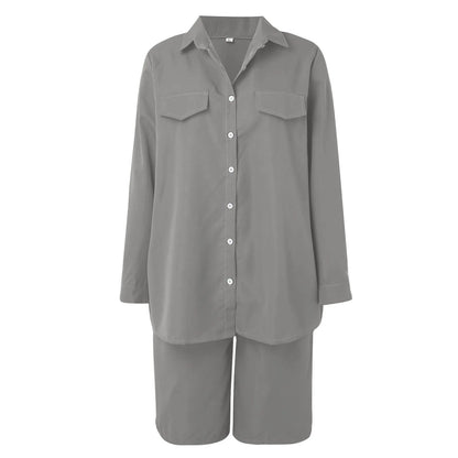 Women’s 2 Piece Summer Outfit Set - Solid Color Cardigan Shirt Top & Casual Shorts Matching Ensemble