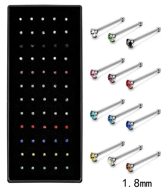 Women’s Crystal Stainless Steel Nose Stud – Hypoallergenic 1.8mm Straight, L, or Screw Nose Ring Jewelry